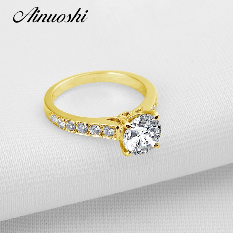 

AINUOSHI 10k Solid Yellow Gold Wedding Ring 2 ct Round Cut Simulated Sona Diamond Bague Bijoux Bridal Engagement Rings for Women