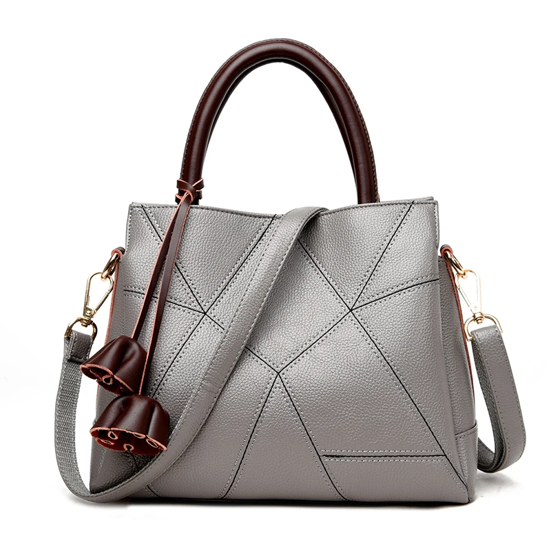 

New Arrival Ladies Bags 2018 Women Flower Design Handbags Genuine Leather Top-handle Bag Patchwork Shoulder Crossbody Bags Gray