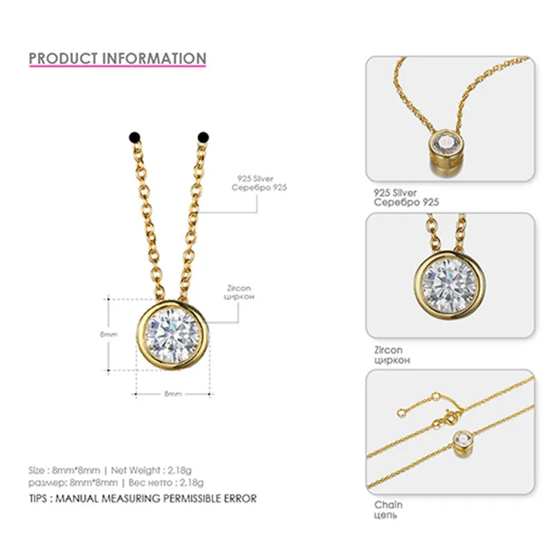 925 Pure Серебряные ожерелья для Для женщин классический простой дизайн круглый форма кубического циркония подвеска с черным коженным ремешком Bijoux Femme - Цвет камня: Gold