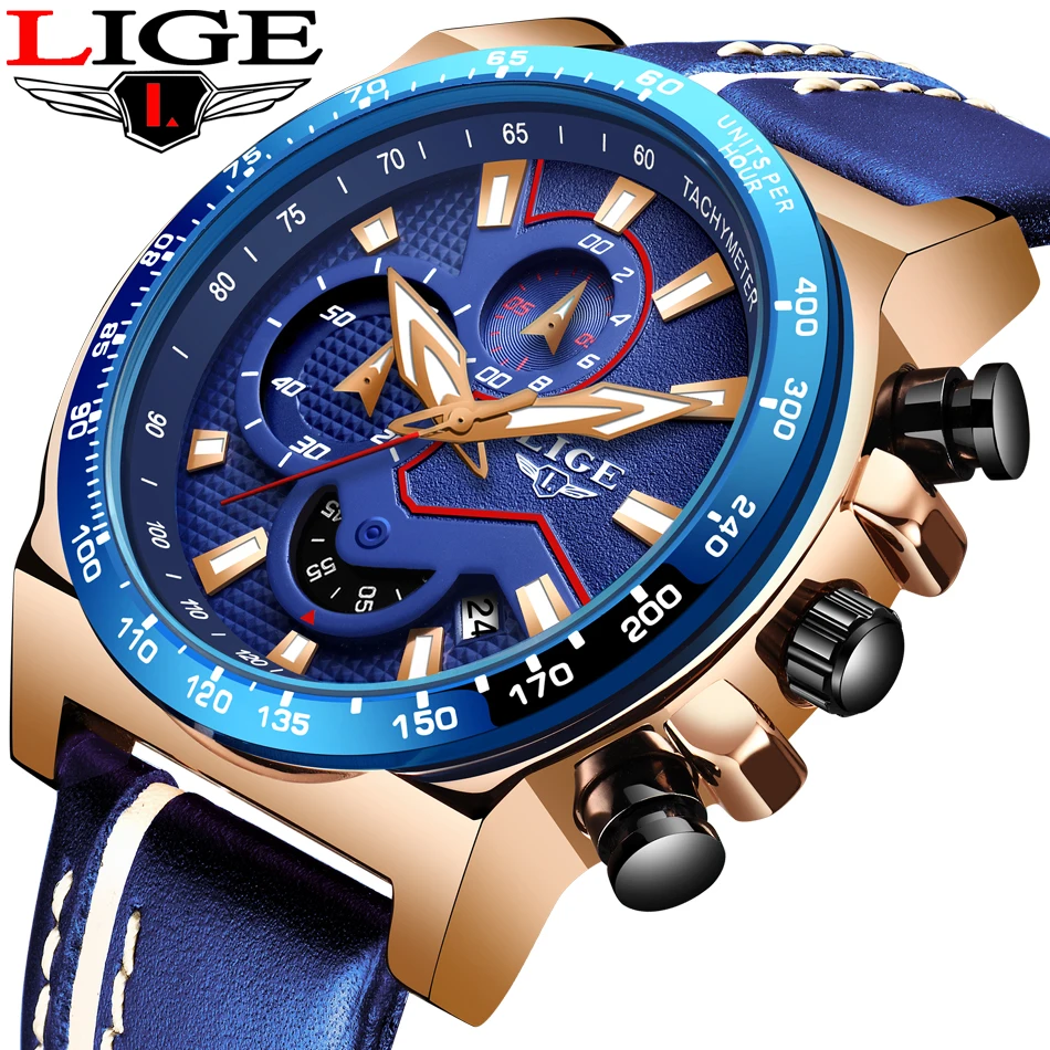 

2019 LIGE Top Brand Luxury Men Watch Leather Sport Watches Mens Military Chronograph Date Analog Quartz Clock Relogio Masculino