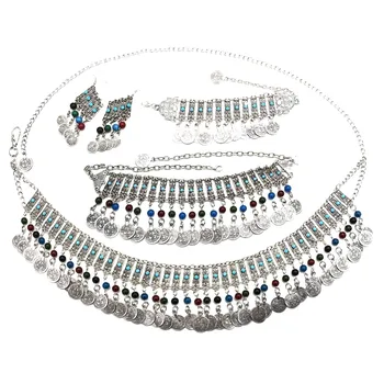 

Gypsy Turkish India Choker Necklace Coins Tassel Drop Earrings Bracelet Waist Belly Chains Statement Boho Afghan Jewelry