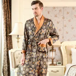 Высокое качество Для мужчин шелковые пижамы Осень 100% натурального шелка халаты с длинными рукавами и принтом халаты классическое платье