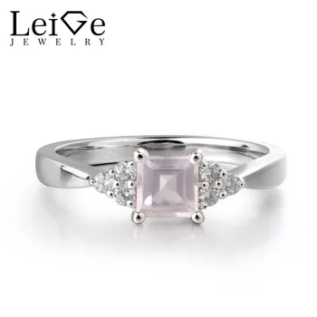 

Leige Jewelry Natural Pink Quartz Gemstone 925 Sterling Silver Square Cut Engagement Romantic Rings Wedding Bands