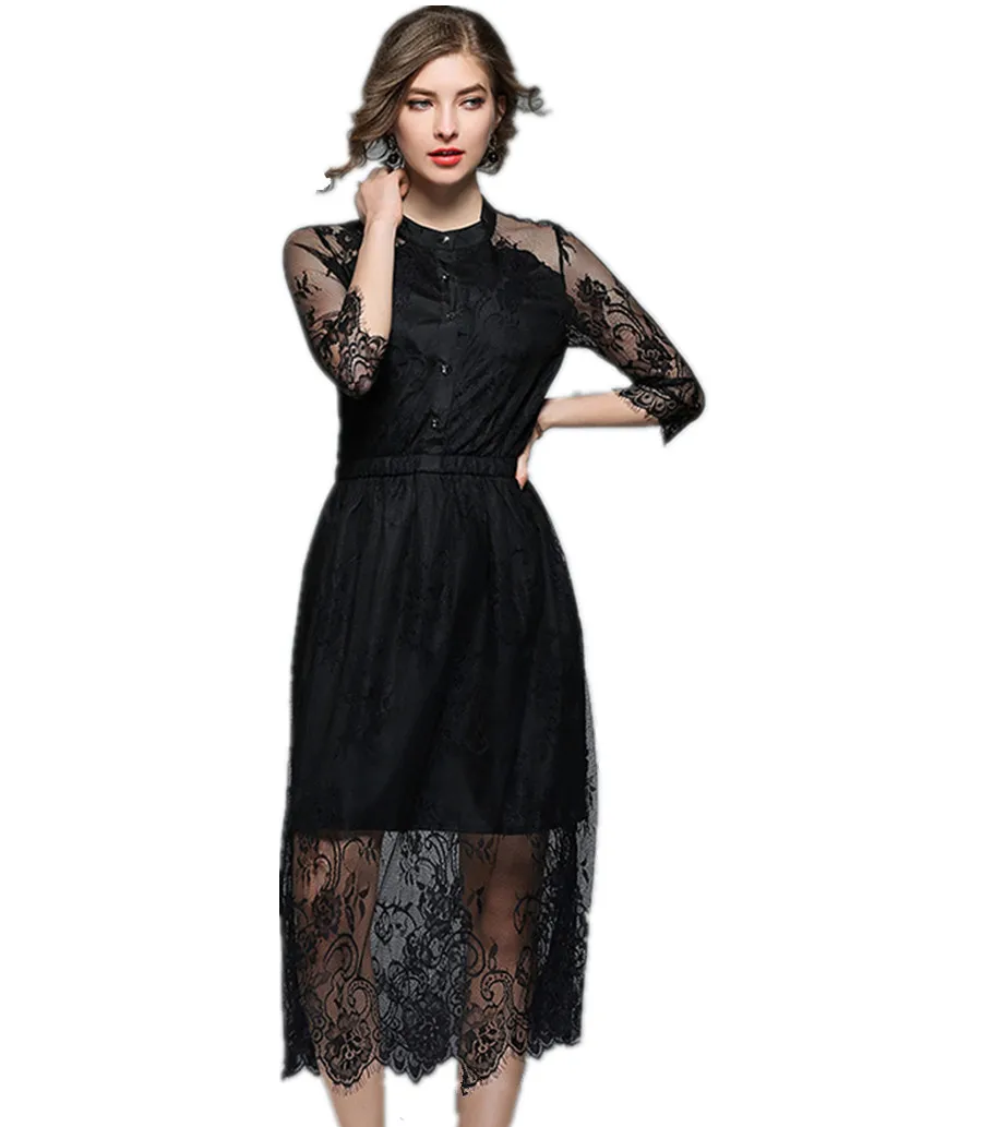 Black Lace Summer Party European Dress Vintage Casual Flower Evening ...