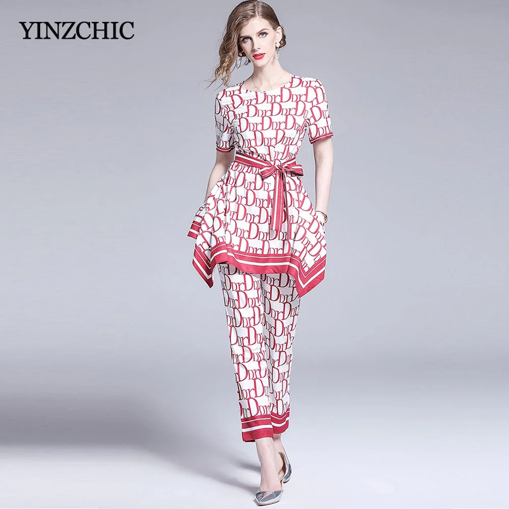 

Runway Style Woman Two-pieces Suits Irregular Pull Pencil Pants Set for Office Lady Sash Wasited Slim Suits Women