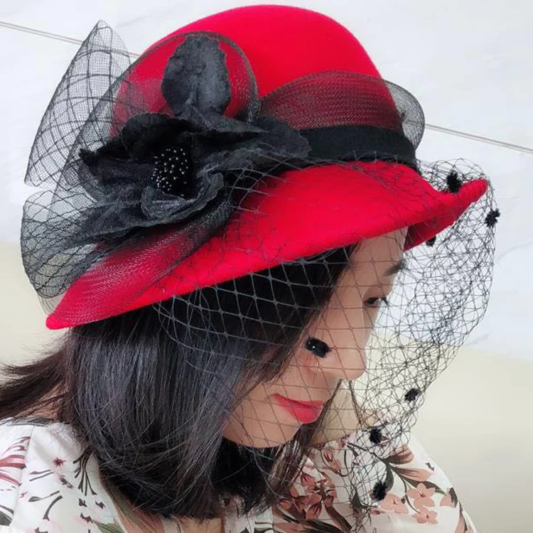 

Ladies' pure wool felt hat with wide brim and rolled edge, small top hat, basin hat, mysterious vintage and elegant gauze hat