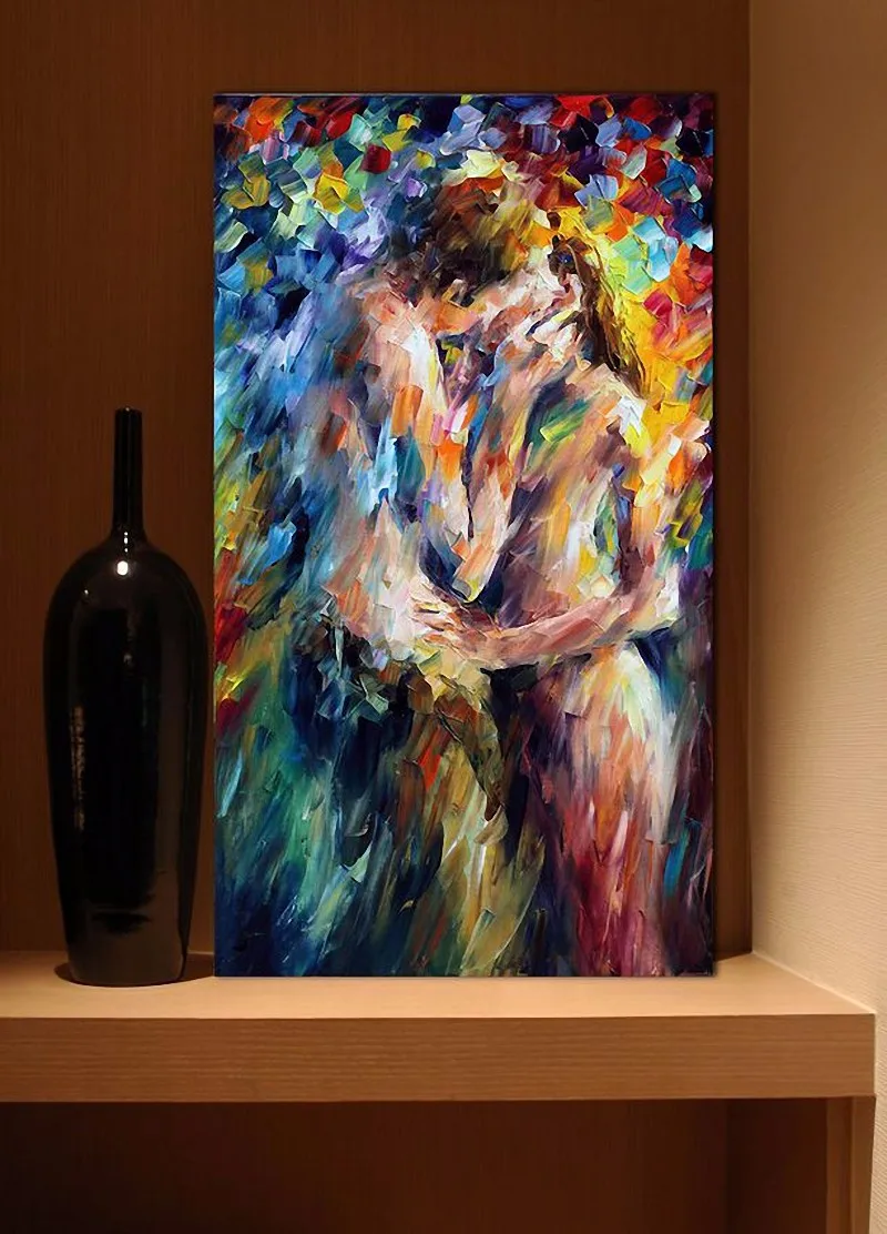 Ручная роспись палитра нож боди-арт Обнаженная женщина и мужчина рисунок с поцелуем холст живопись для украшения стен спальни