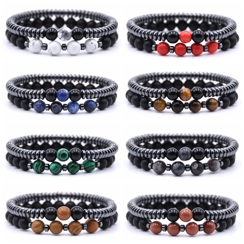 

2PCS/Set Matte Black Natural Stone Bracelets 8mm Elastic Rope Bead Hematite Bracelets Fashion Men Women Charm Jewelry Gifts