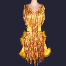 Костюмы для латинских танцев для женщин/девочек, платья для латинских бальных танцев с блестками и кисточками и v-образным вырезом, розовый/желтый/черный/красный цвета, одежда для фитнеса