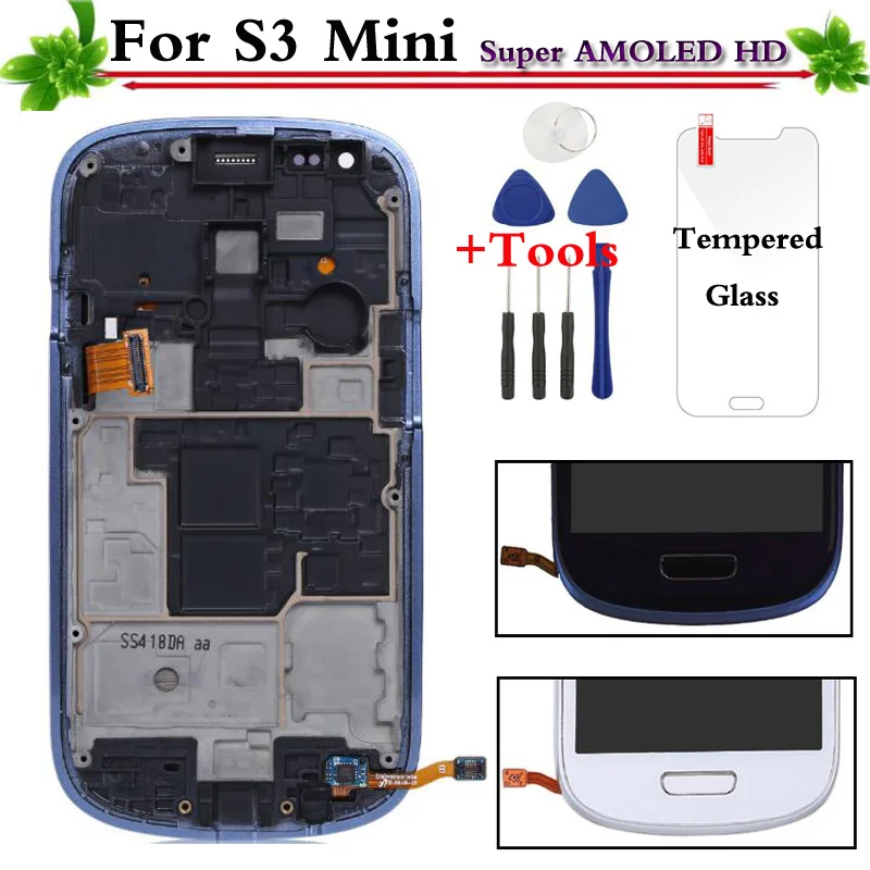 

White,Blue For Samsung Galaxy s3 Mini i8190 LCD Display Touch Screen Digitizer With Frame Full Assembly New Replacement Parts