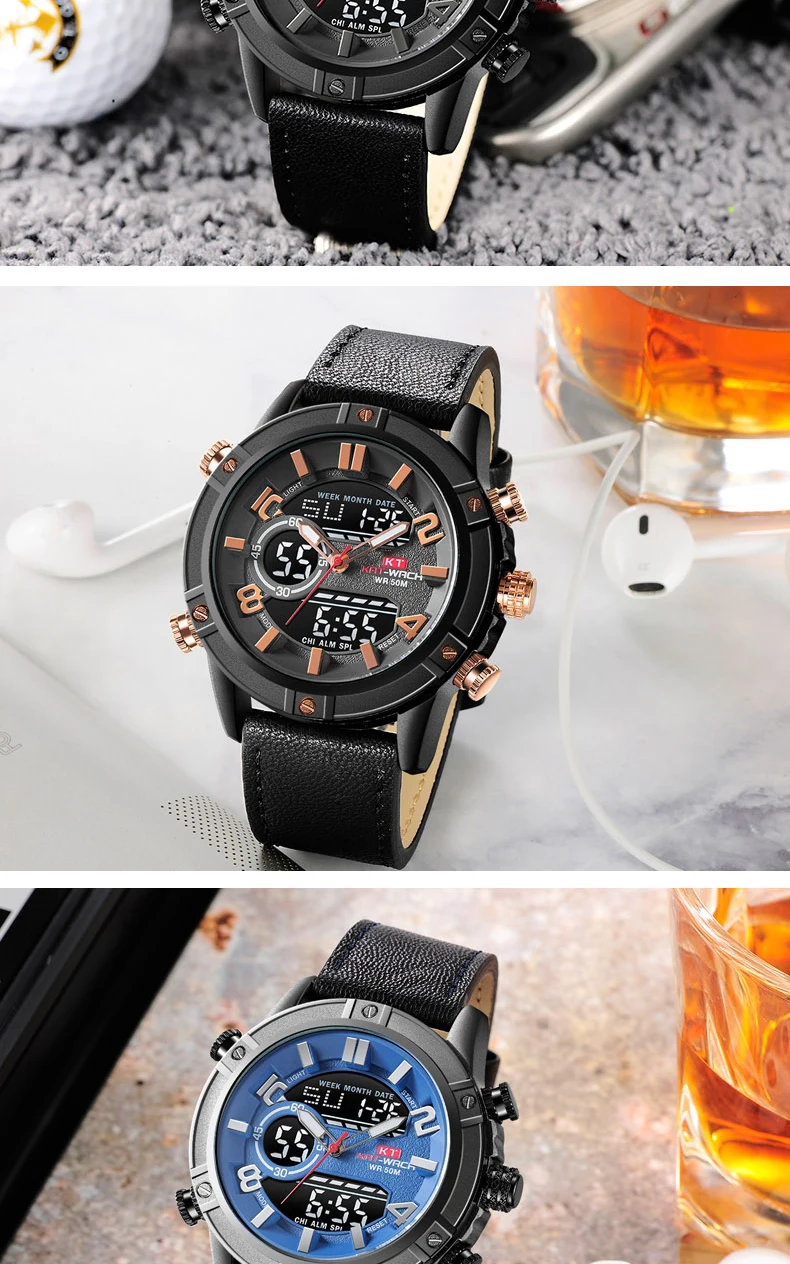 Мужские кожаные спортивные Военная аналоговые часы Dual Time Водонепроницаемый кварцевые наручные часы мужской часы Relogio Masculino Мода синий лицо