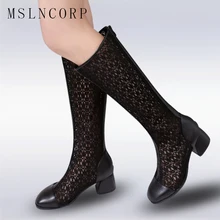 Большие размеры 34-43; модные женские ботинки из сетчатого материала; ботинки до середины голени на квадратном каблуке с кружевом; летняя дышащая женская обувь; сандалии-гладиаторы