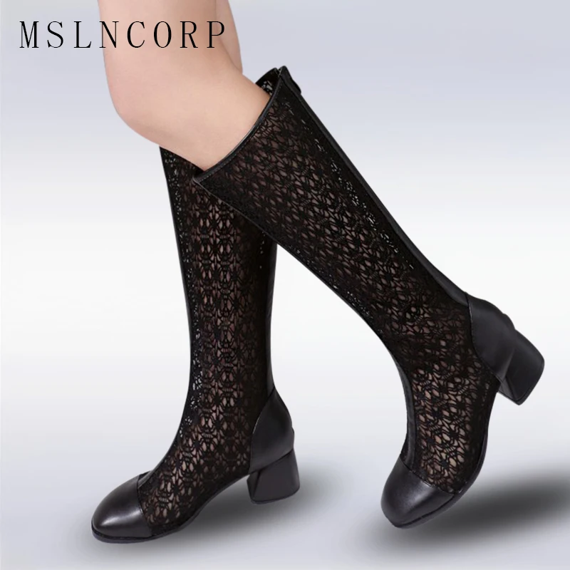 

plus Size 34-43 Fashion Women Mesh Boots Hollow Lace Mid Calf Square Heel Boots Summer Breathable Woman Shoes Gladiator Sandals