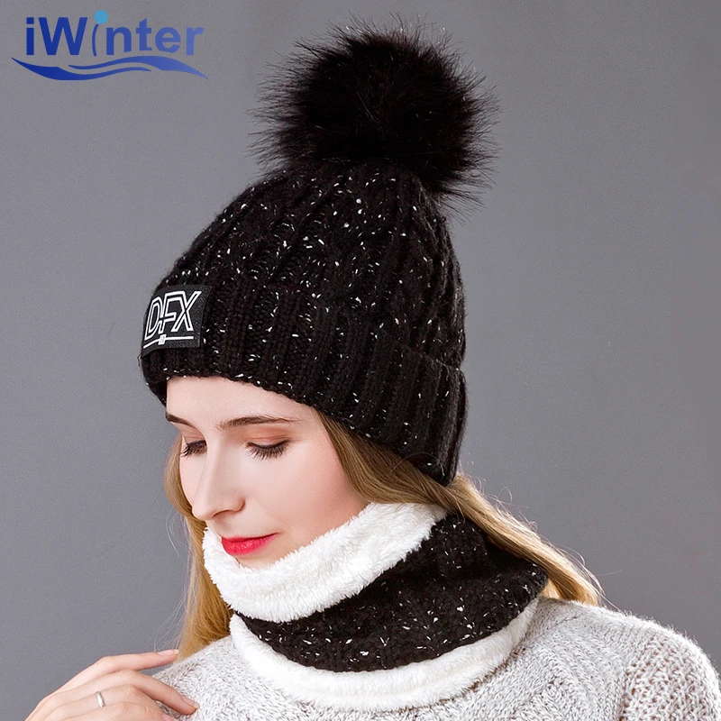 

IWINTER 2019 2 Pieces Set Winter Hat Scarf Set For Women Knitted Skullies Scarf Thick Warm Winter Accessories Warm Scarf Hat Set