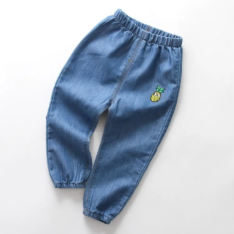 Летние тонкие длинные штаны с рисунком комаров для мальчиков и девочек; Детские однотонные дышащие воздухопроницаемые джинсы; детская рваная джинсовая одежда с рисунком