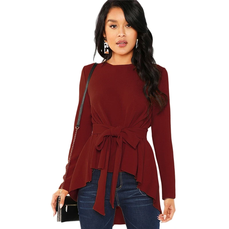 Sheinside Бордовая рубашка с длинным рукавом, женская элегантная блузка, Женский Топ с поясом, асимметричный подол, Женские топы и блузки