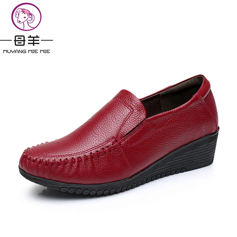 

MUYANG MIE MIE Plus Size (34-42) High Heels Female Genuine Leather Wedges Single Casual Shoes Woman Pumps Fashion Women Shoes