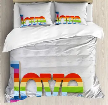 

Duvet Cover Set, Rainbow Colored Love Valentine's Sign on Wooden Backdrop LGBT Homosexuality, 4 Piece Bedding Set