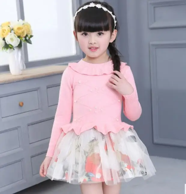 pearls pink Г. Весенне-осенне-зимнее платье принцессы с длинными рукавами и цветочным рисунком для девочек от 3 до 8 лет Детские платья для девочек, Детский свитер вязаная одежда JW2744 - Цвет: pearls pink