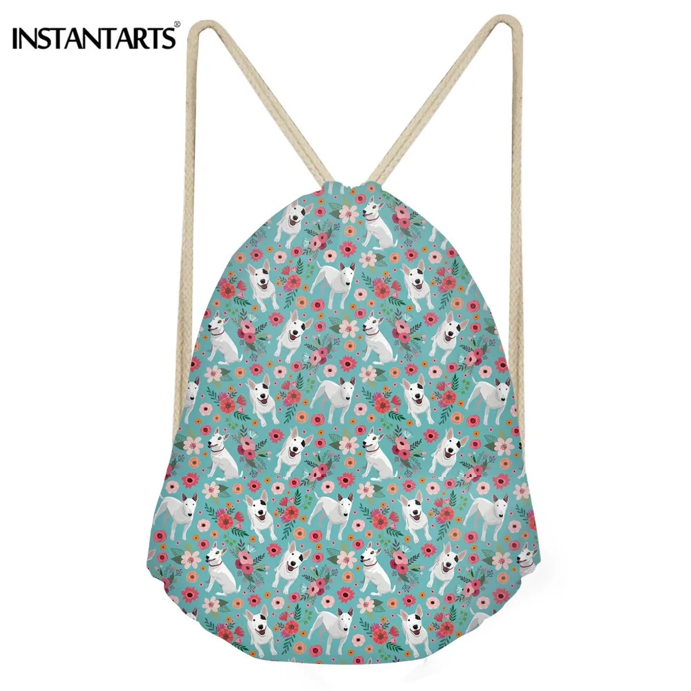 INSTANTARTS Cute Dog Bull Terrier Floral Print Backpack Mini Drawstring Bag for Women Men Teen Girl