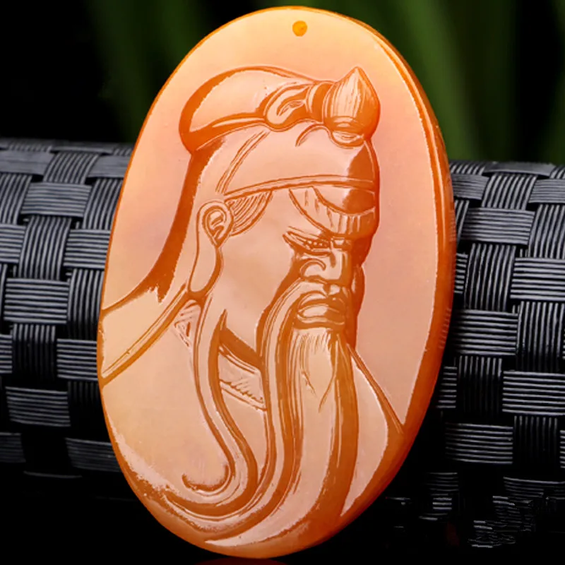 

TJP natural china HUANGLONG jade beige carved lucky Guangong pendant Wu God of Wealth jade pendant necklace Fine Jewelry