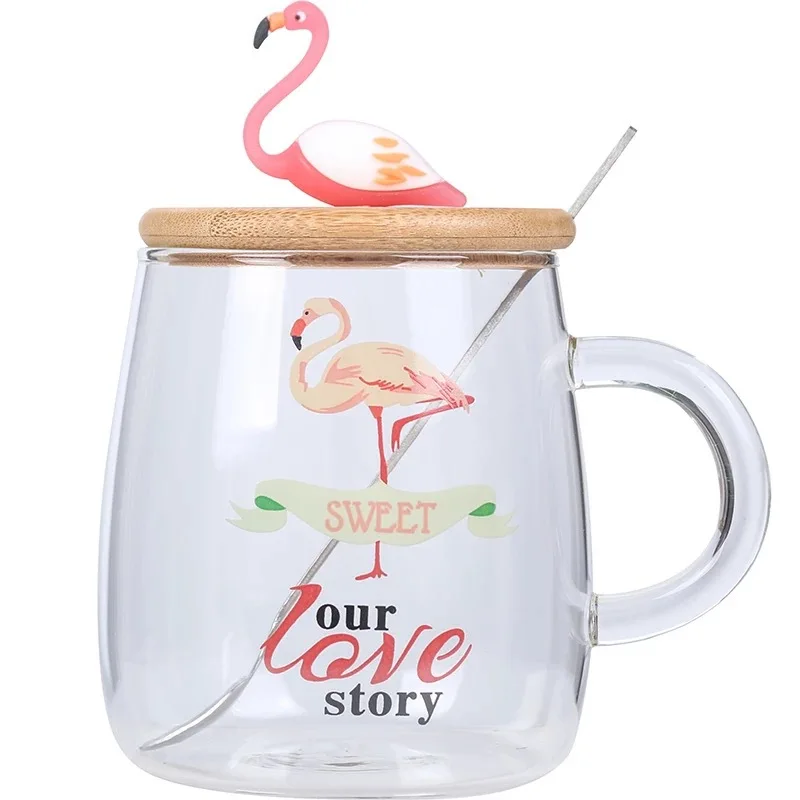 

Creative Pink Flamingo 450ml Heat-resistant Glass Mug Water Bottle Students Cup with Tea Spoon Christmas Gift Cartoon Drinkware