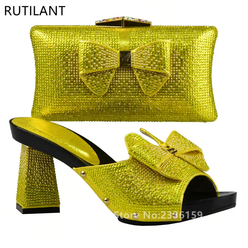 

2017 Italian Matching Shoes and Bag Set Yellow Color African Shoe and Bag Set Decorated with Rhinestone Nigerian Shoes and Bag