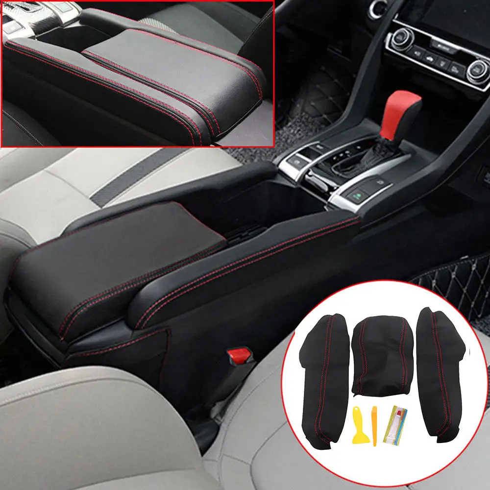 3PCS Pu Leather Center Armrest Box Case Cover Trim For Honda Civic 10th 16~ Civic Car Armrest Box With Glue Tools