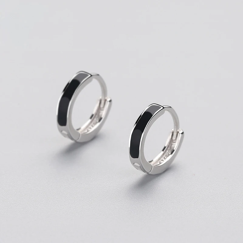 

CHOZON Geometric Black Enamel Round Hoop Huggie earrings For Women Fashion Real 925 Sterling Silver Fine Jewelry