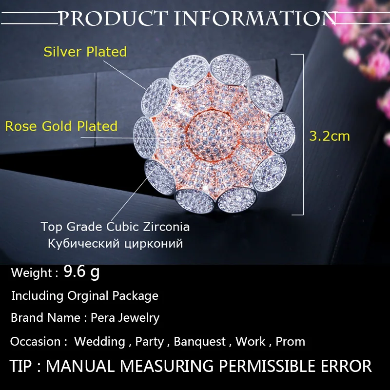 Pera Роскошные Большие массивные розы Форма кубического циркония микро паве для женщин помолвки вечерние CZ палец кольцо ювелирные изделия подарок R099
