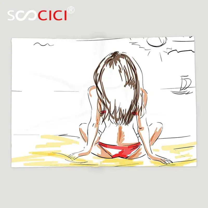 

Custom Soft Fleece Throw Blanket Fashion House Decor Sketch of a Beautiful Girl on Beach Summer Holiday on Sand Sunbathing