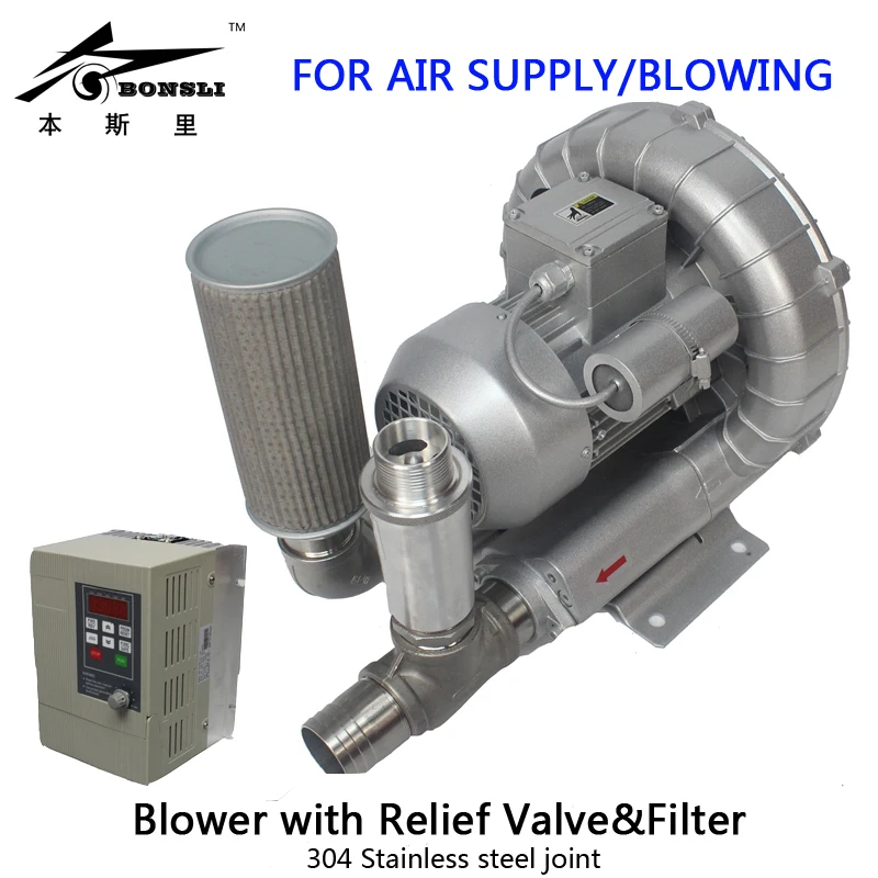 

1HP 230v Industry Ring blower filling bottles regenerative blower Relief Valve&filter with Frequency Converter stepless adjust