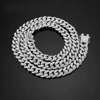

W/12MM Full Rhinestone Miami Cuban Link Chain Charm Long Necklace Golden Jewelry Men Golden Silver Ice Out Chain 60/75cm