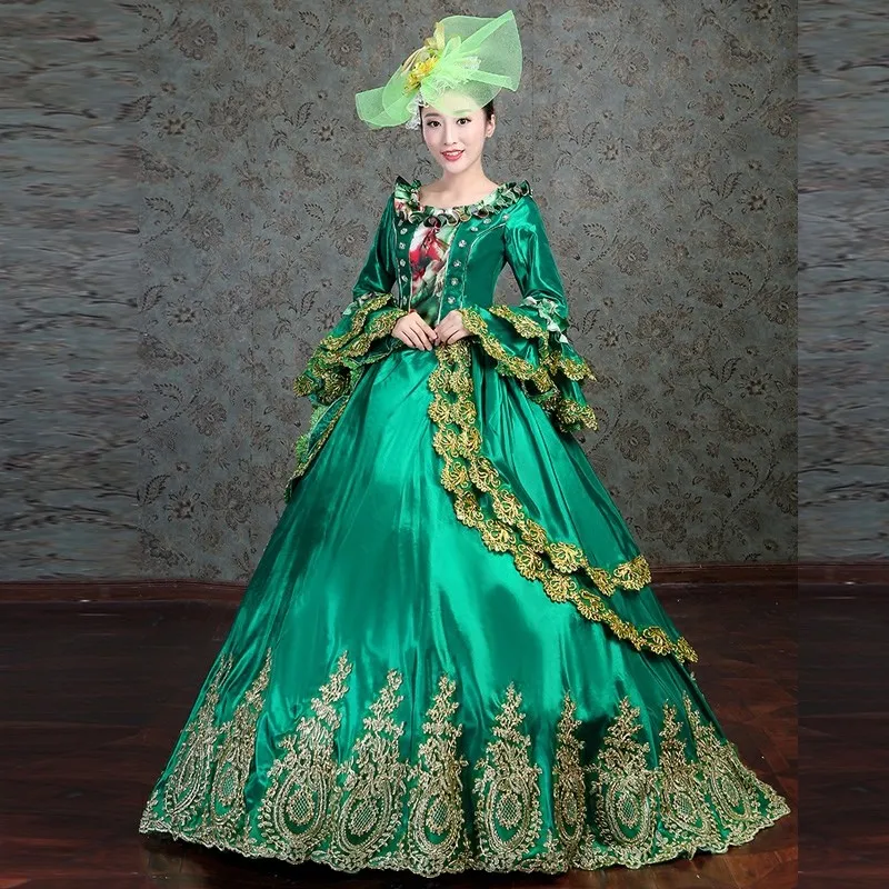 Free Shipping Gold Lace Decorate Vintage Boll Gown Palace Stage Dress Victorian Party Dress Include Hat (5)