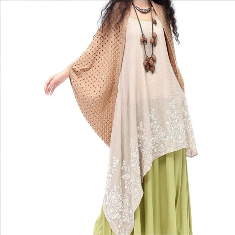 

2017 Summer Women Vintage Casual Loose Chinese Traditional ONeck Short Sleeve Floral Embroidery Two Layers long Dress Oversized