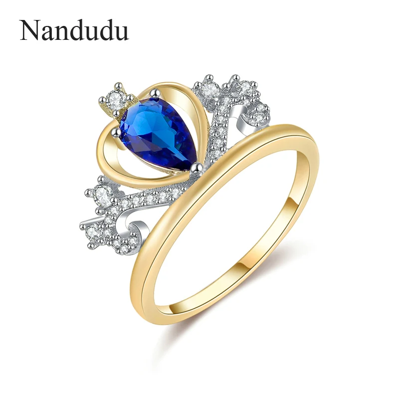 

Nandudu FLASH SALE Blue Zircon Crown Ring Rose Gold Color New Arrival My Princess Queen Crown Stackable Rings Jewelry Gift R1194