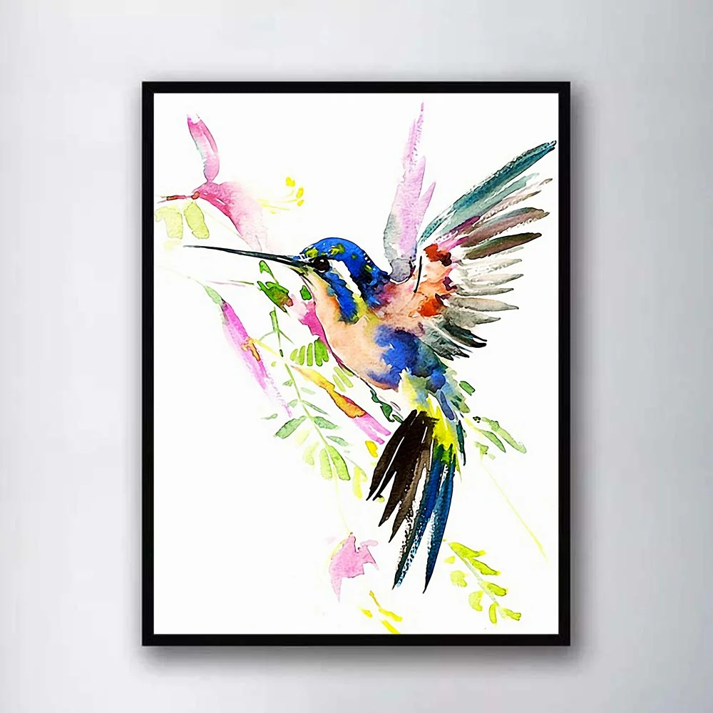 Humming Bird Cherry Blossoms Watercolor Painting Art Print by Artist DJ Rogers