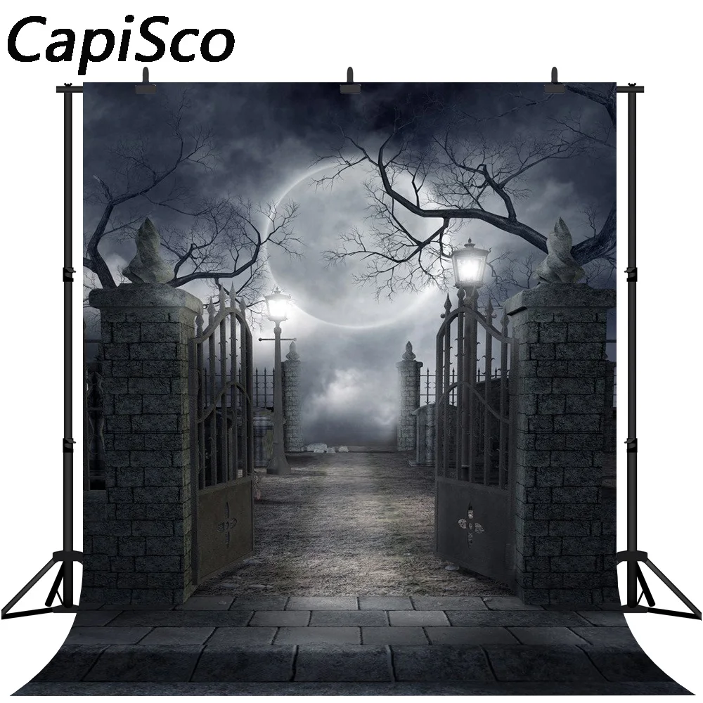 

Capisco vinyl Halloween dark night party photography backdrops smokey black mist foggy iron gate spooky photo backgrounds