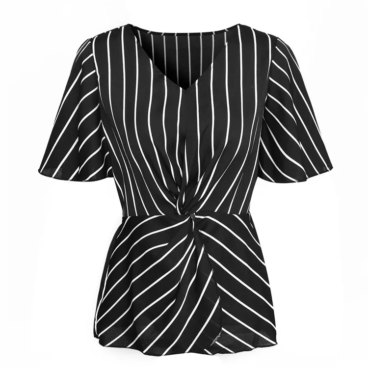 

Sexy Waist Skinny V Collar Striped Knotted Chiffon Shirt Bat Sleeve Lady Shirt Summer Women Top