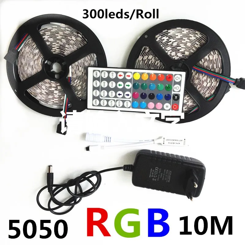 RGB 10M 5050 LED Strip with 44keys IR Remote Controller 12V 2A/5A Power Adapter 