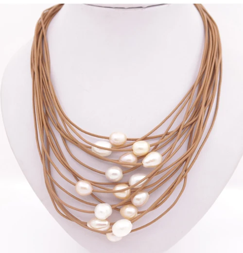 15 ROWS Natural White Pink Purple Teardrop Pearl Brown Leather Necklace 18&quot Long | Украшения и аксессуары