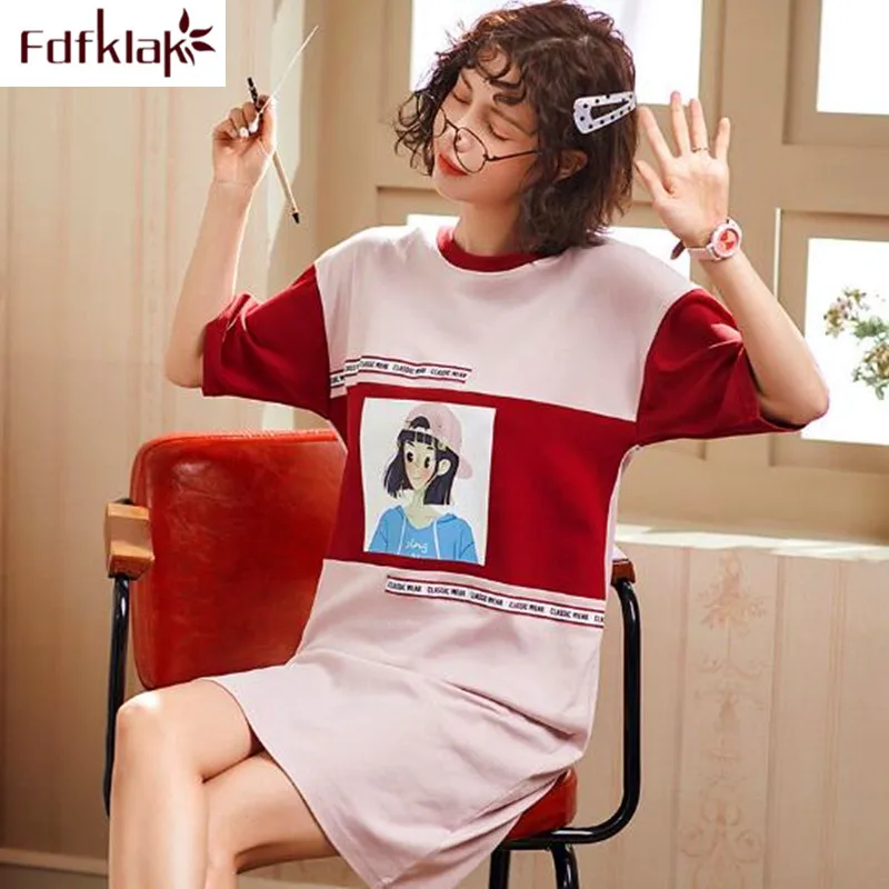 

Fdfklak Loose large size women nightdress short sleeve cotton nightgowns lounge girl cute cartoon night dress female nightshirt