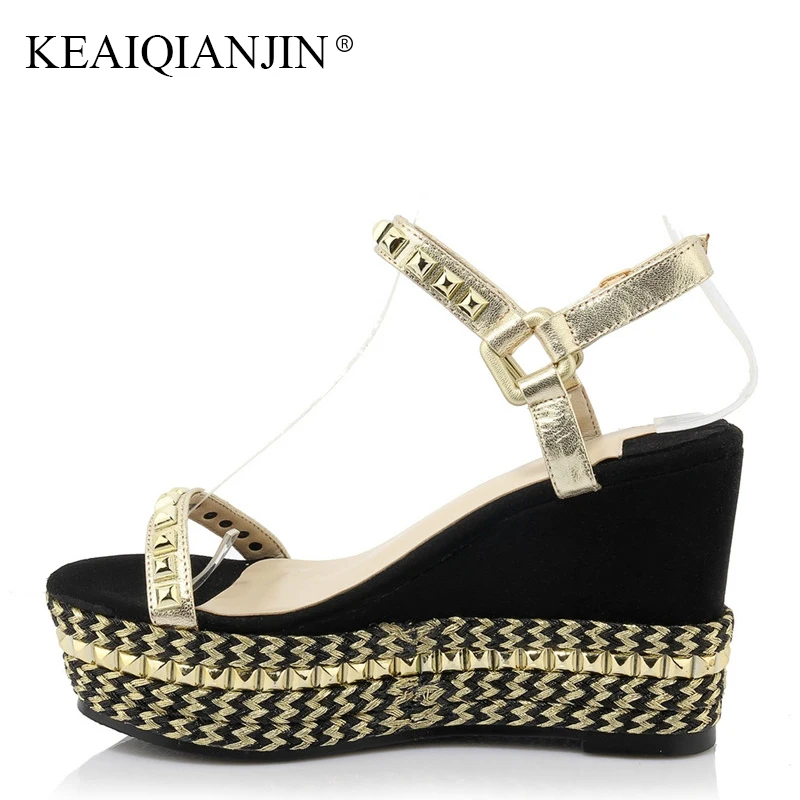

KEAIQIANJIN Woman Summer Peep Toe Wedges Sandal Fashion Black Party High Heels Shoes Sexy Genuine Leather Open Toe Rivet Sandals