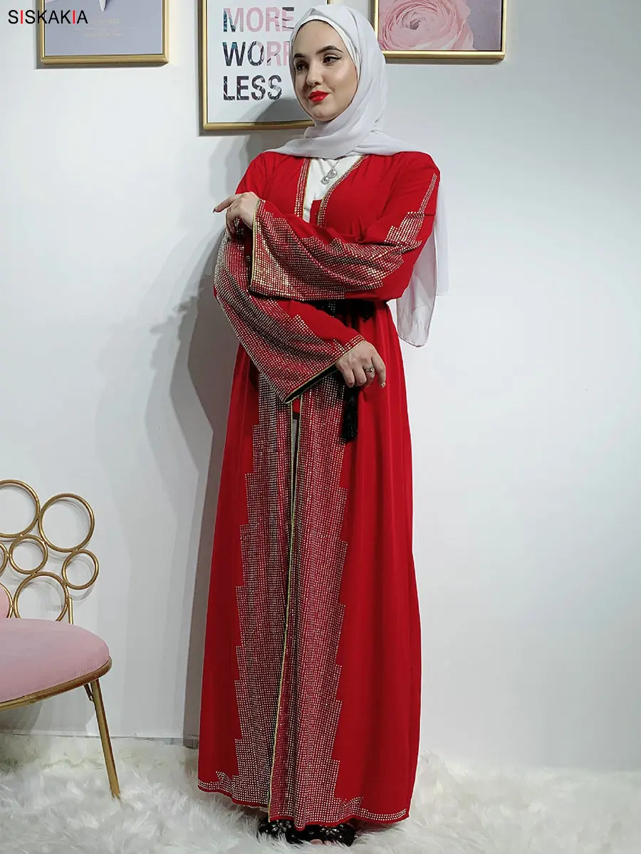 Siskakia/модный мусульманский кардиган abaya, Роскошное однотонное платье в стиле пэчворк со стразами, платье в восточном стиле, Ближний Восток