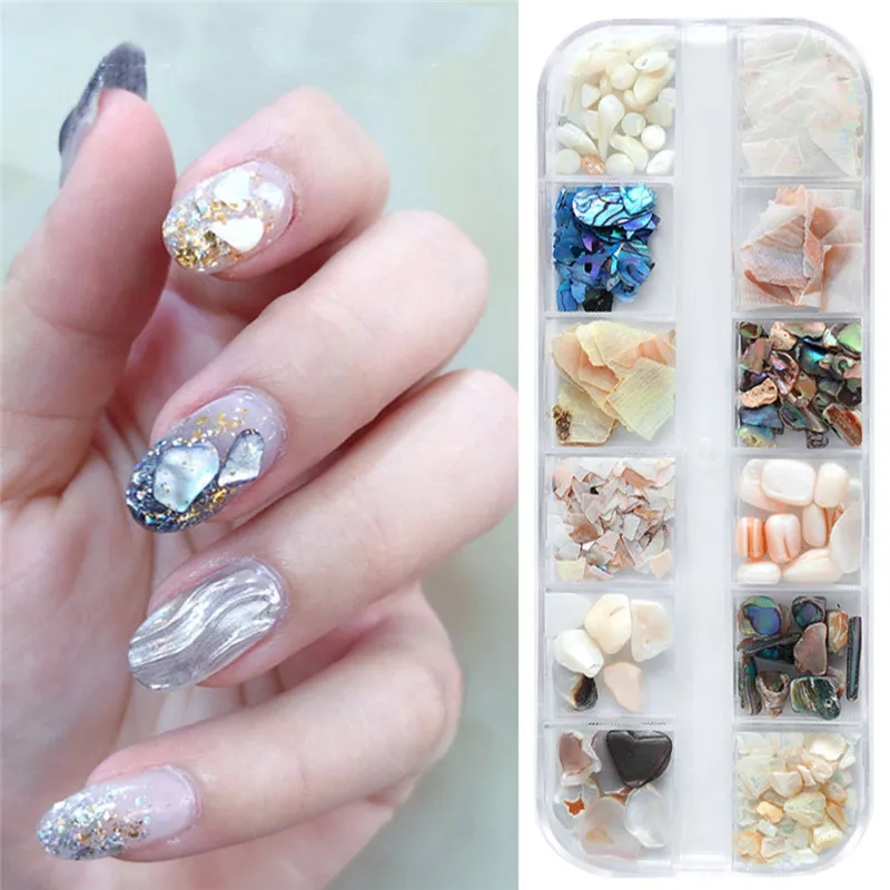 

12 Grids/Box Nail Art Natural Shell Piece Abalone Thick High Gloss Nail Jewelry Set Beautiful Pearl Metal Glass Jewelry Durable