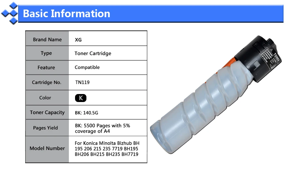 2X TN119 совместимый картридж с тонером для принтера, запасные части для KONICA MINOLTA BIZHUB BH195 BH206 BH215 BH235 BH7719 BH 195 206 215 235 7719