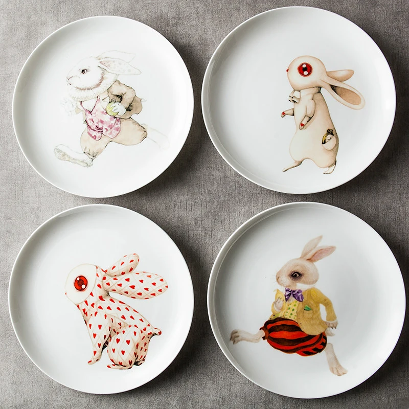 

8 Inch Ceramic Dishes & Plates Round Rabbits Printed In-glazed Decoration Character Cute Kid Breakfast Fruit Dish Creative Plate