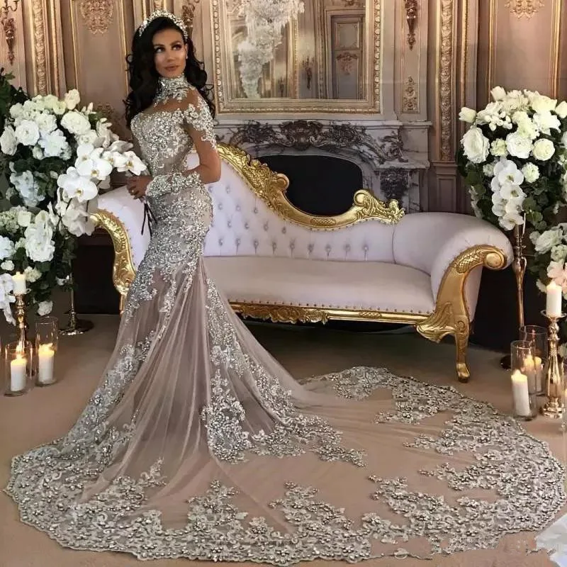 Luxury Sparkly 2019 Wedding Dresses Sexy Bling Beaded Lace Applique High Neck Illusion vestido de noiva Mermaid Bridal gown