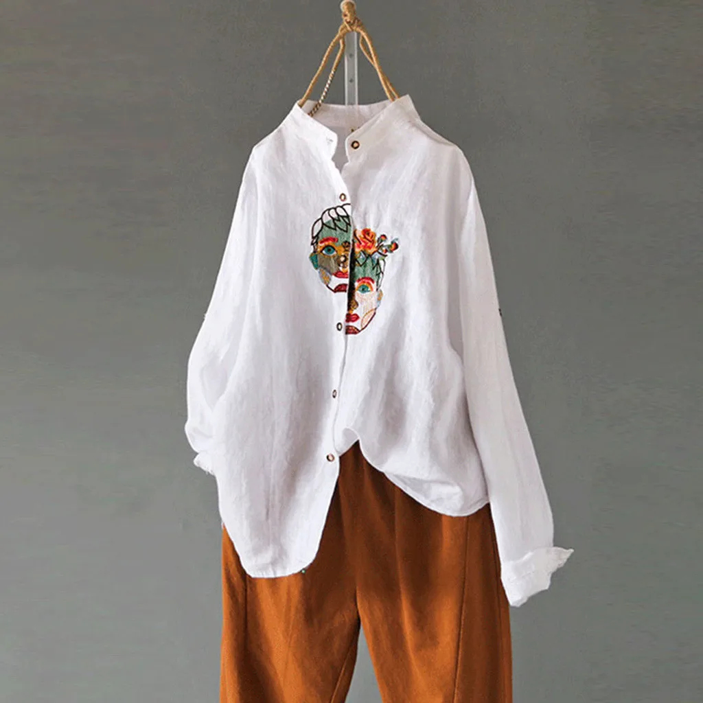 Летняя льняная модная блузка размера плюс с вышивкой, повседневная женская Свободная футболка, женская рубашка с длинным рукавом, блуза, пуловер