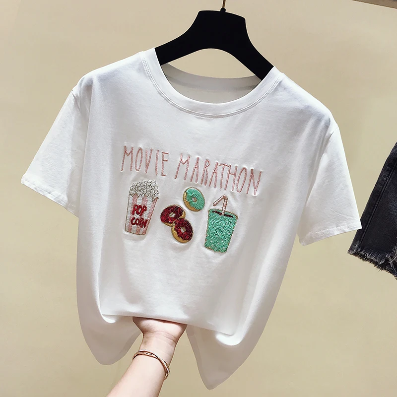 

2019 Summer new Korean Kawaii Sequined Embroidery Students T-shirts Top Female Sequins T Shirt Women Summer O-Neck Modis